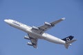 Frankfurt International Airport Ã¢â¬â Lufthansa Airbus A340 takes off Royalty Free Stock Photo